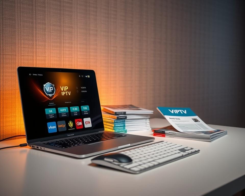 A chic and sophisticated desktop setup showcasing various IPTV subscription options. In the foreground, a sleek laptop displays a VIP IPTV interface, its screen illuminated by warm, directional lighting. Beside it, a modern wireless mouse and minimalist keyboard create a clean, professional workspace. In the middle ground, a stack of colorful, neatly organized pricing plans and service pamphlets convey the range of IPTV subscription tiers available. The background features a muted, textured wall in calming neutral tones, complementing the overall refined and premium aesthetic. The composition emphasizes the convenience, flexibility, and high-quality experience of the VIP IPTV service.