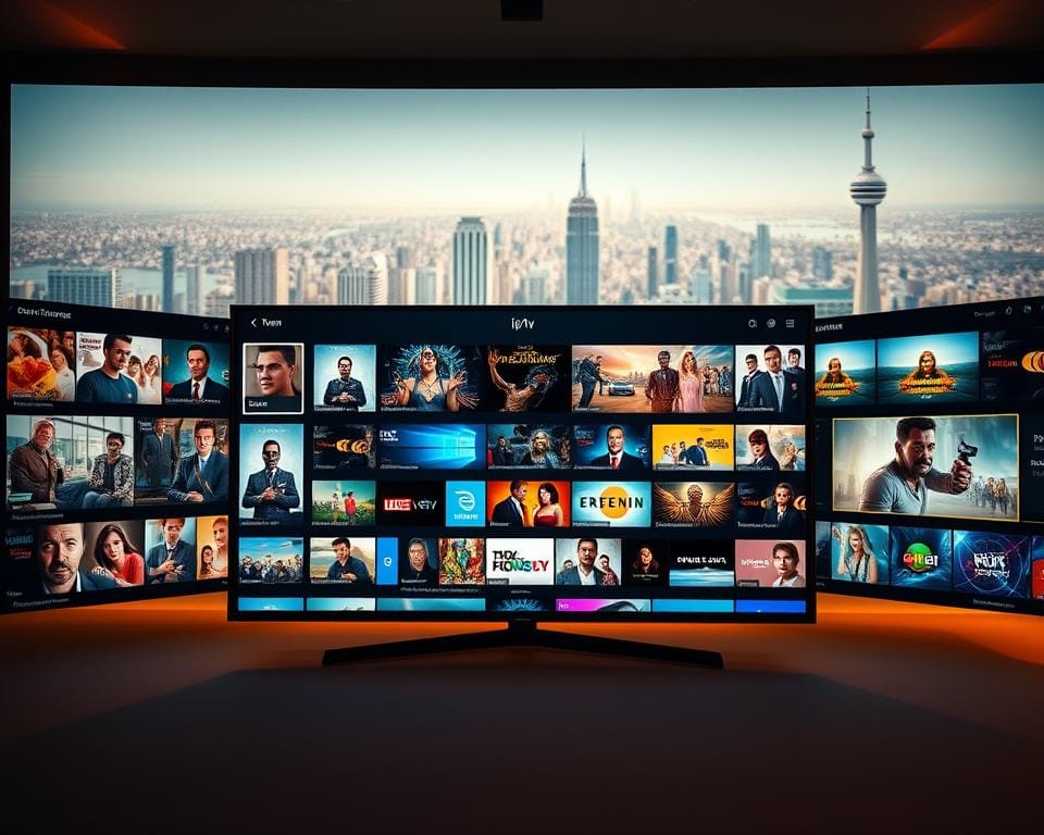 A dynamic display of various IPTV content options, showcasing a sleek and modern user interface. The foreground features a central grid-like layout of thumbnail previews, presenting a diverse range of movie, TV show, and live channel selections. The middle ground depicts a subtle gradient backdrop, creating depth and highlighting the content. The background incorporates a softly blurred, high-resolution cityscape, suggesting the global reach and accessibility of the IPTV service. The lighting is warm and inviting, with a balanced contrast that emphasizes the vibrant colors and crisp details of the on-screen media. The overall composition conveys a sense of immersion and the promise of an exceptional streaming experience.