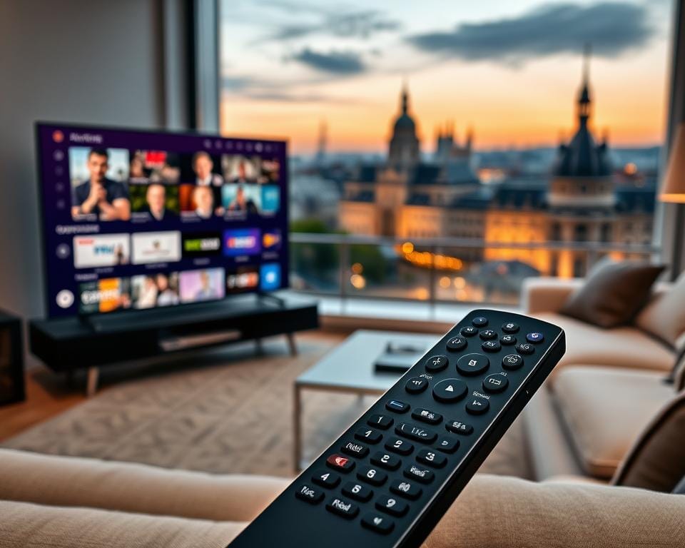 A high-end IPTV service for Belgian viewers, showcasing a sleek and modern user interface. The foreground features a remote control and a smart TV displaying a curated selection of live channels and on-demand content. The middle ground depicts a stylish Belgian living room with minimalist decor, while the background presents a panoramic view of the Brussels skyline, capturing the city's iconic architecture bathed in soft, warm lighting. The overall atmosphere conveys a sense of premium entertainment, exclusivity, and the convenience of a tailored IPTV experience for the Belgian market. A high-end IPTV service for Belgian viewers, showcasing a sleek and modern user interface. The foreground features a remote control and a smart TV displaying a curated selection of live channels and on-demand content. The middle ground depicts a stylish Belgian living room with minimalist decor, while the background presents a panoramic view of the Brussels skyline, capturing the city's iconic architecture bathed in soft, warm lighting. The overall atmosphere conveys a sense of premium entertainment, exclusivity, and the convenience of a tailored IPTV experience for the Belgian market.
