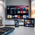 A high-end IPTV service package with various subscription tiers and options. In the foreground, a sleek and modern IPTV remote control with intuitive buttons and a minimalist design. In the middle ground, multiple devices such as a smart TV, smartphone, and tablet displaying the IPTV interface with a diverse selection of live channels and on-demand content. In the background, a minimalist home entertainment setup with a modern TV stand and ambient lighting, conveying a luxurious and high-tech atmosphere. The overall mood is one of technological sophistication and a premium IPTV experience. guide iptv: A high-end IPTV service package with various subscription tiers and options. In the foreground, a sleek and modern IPTV remote control with intuitive buttons and a minimalist design. In the middle ground, multiple devices such as a smart TV, smartphone, and tablet displaying the IPTV interface with a diverse selection of live channels and on-demand content. In the background, a minimalist home entertainment setup with a modern TV stand and ambient lighting, conveying a luxurious and high-tech atmosphere. The overall mood is one of technological sophistication and a premium IPTV experience.