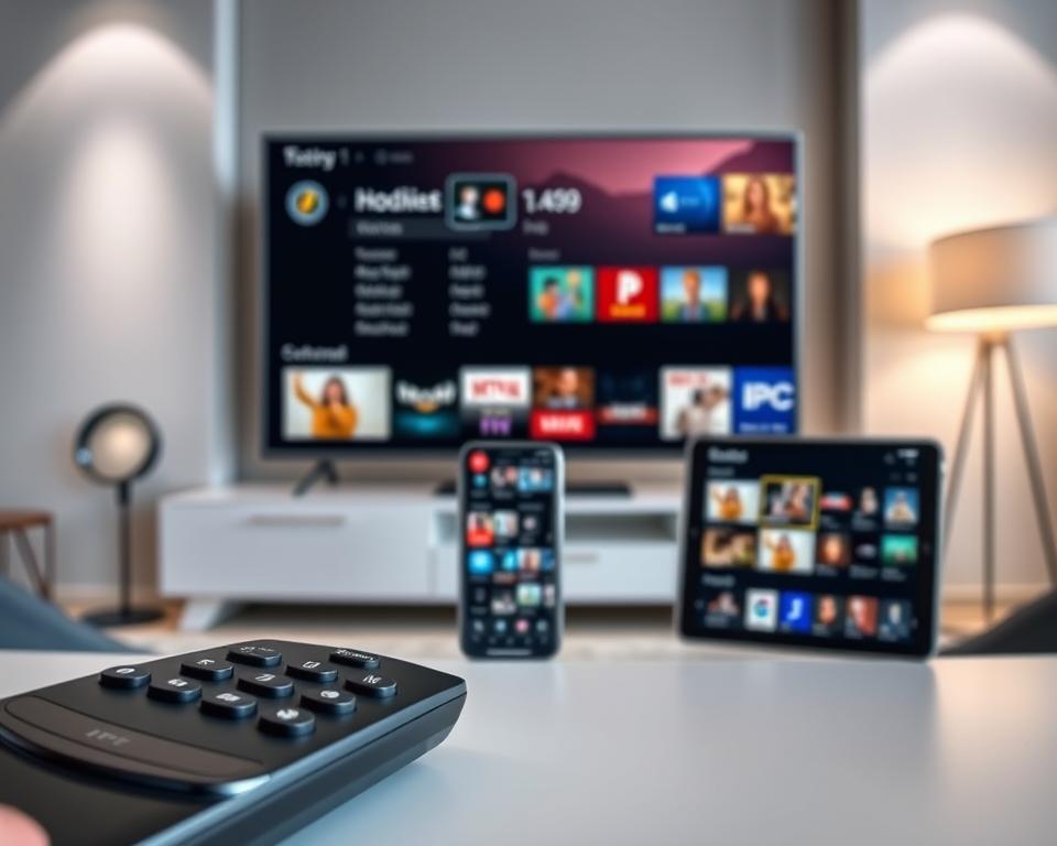 A high-end IPTV service package with various subscription tiers and options. In the foreground, a sleek and modern IPTV remote control with intuitive buttons and a minimalist design. In the middle ground, multiple devices such as a smart TV, smartphone, and tablet displaying the IPTV interface with a diverse selection of live channels and on-demand content. In the background, a minimalist home entertainment setup with a modern TV stand and ambient lighting, conveying a luxurious and high-tech atmosphere. The overall mood is one of technological sophistication and a premium IPTV experience. A high-end IPTV service package with various subscription tiers and options. In the foreground, a sleek and modern IPTV remote control with intuitive buttons and a minimalist design. In the middle ground, multiple devices such as a smart TV, smartphone, and tablet displaying the IPTV interface with a diverse selection of live channels and on-demand content. In the background, a minimalist home entertainment setup with a modern TV stand and ambient lighting, conveying a luxurious and high-tech atmosphere. The overall mood is one of technological sophistication and a premium IPTV experience.