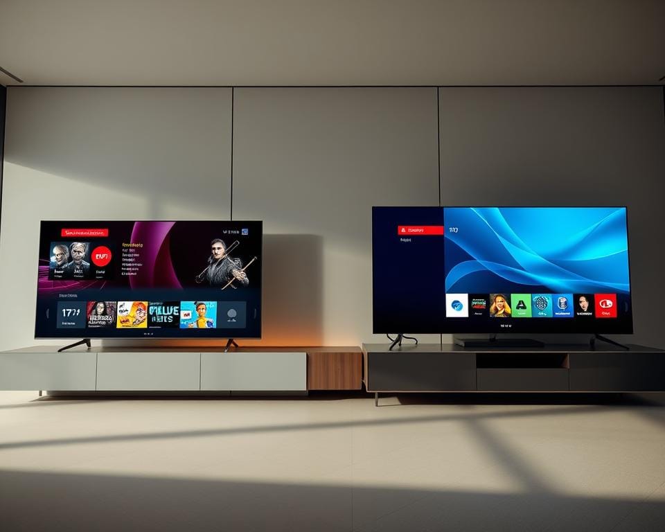 A high-quality, ultrawide landscape shot showcasing a side-by-side comparison of two IPTV services. In the foreground, the Viper IPTV interface is displayed on a sleek, modern television, with its intuitive menus and high-definition content. In the middle ground, another IPTV provider's interface is shown on a different screen, allowing for a direct visual comparison of the user experiences. The background features a minimalist, tech-inspired environment with clean lines and muted tones, emphasizing the premium, high-tech nature of the IPTV offerings. Soft, dramatic lighting illuminates the scene, creating depth and highlighting the key details. The overall mood is one of sophistication, innovation, and a sense of discerning consumer choice.