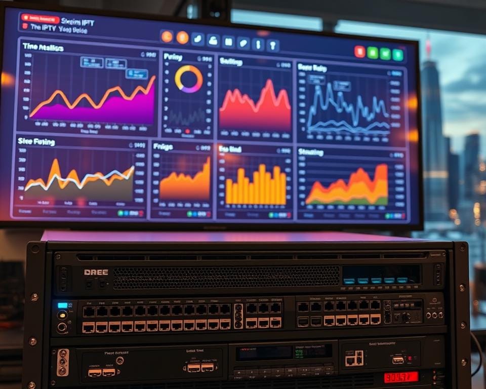 A high-tech control panel displaying real-time analytics and streaming metrics for a cutting-edge IPTV service. The sleek, minimalist interface features vibrant graphs, dynamic visual indicators, and intuitive navigation controls. Warm ambient lighting and a sophisticated color palette create a premium, professional atmosphere. In the foreground, a powerful server rack with various ports and connections symbolizes the robust technical infrastructure powering the superior IPTV experience. The background depicts a cityscape with towering skyscrapers, hinting at the global reach and reliability of this premium IPTV service.