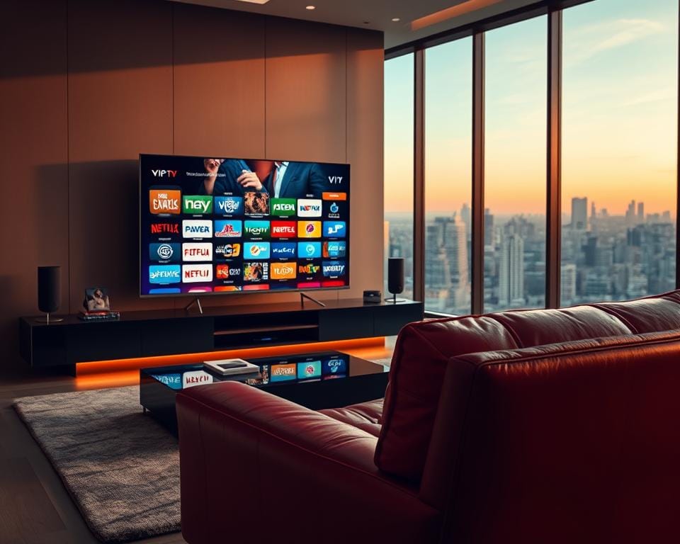 A luxurious and sophisticated VIP IPTV subscription service. The scene depicts a modern living room with sleek, minimalist furniture and a large, high-definition TV screen displaying a vibrant array of premium TV channels. Soft, warm lighting creates a cozy, inviting atmosphere, while a plush, deep-red leather armchair sits in the foreground, suggesting the comfort and exclusivity of the VIP experience. The background features a large window overlooking a picturesque city skyline, hinting at the global reach and sophisticated nature of the VIP IPTV offering. The overall composition conveys a sense of high-end, premium entertainment and the feeling of being a privileged, discerning subscriber.