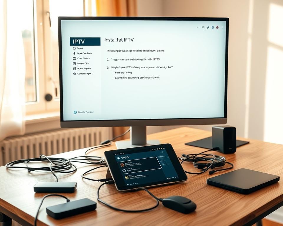 A modern home office setup with a sleek desktop computer, a tablet device, and various cables and peripherals neatly arranged on a minimalist wooden desk. The room is bathed in warm, natural lighting from a large window, creating a cozy and productive atmosphere. On the screen, a user interface shows the installation process of an IPTV service, with clear step-by-step instructions and a clean, intuitive design. The overall scene conveys a sense of efficiency, simplicity, and the seamless integration of technology into everyday life. A modern home office setup with a sleek desktop computer, a tablet device, and various cables and peripherals neatly arranged on a minimalist wooden desk. The room is bathed in warm, natural lighting from a large window, creating a cozy and productive atmosphere. On the screen, a user interface shows the installation process of an IPTV service, with clear step-by-step instructions and a clean, intuitive design. The overall scene conveys a sense of efficiency, simplicity, and the seamless integration of technology into everyday life.