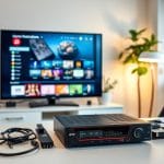 A modern home office setup with a sleek, minimalist aesthetic. In the foreground, a high-end IPTV box sits atop a clean, uncluttered desk, its front panel displaying connection status and settings. Surrounding it, various cables and adapters are neatly organized, suggesting a well-planned configuration. The middle ground features a large, high-resolution monitor displaying a vibrant, user-friendly IPTV interface, highlighting the system's capabilities. In the background, a tasteful bookshelf and potted plant create a professional, calming atmosphere, complementing the technical elements. Subtle, warm lighting from a nearby lamp casts a gentle glow, accentuating the clean lines and modern design. Iptv Chaine: A modern home office setup with a sleek, minimalist aesthetic. In the foreground, a high-end IPTV box sits atop a clean, uncluttered desk, its front panel displaying connection status and settings. Surrounding it, various cables and adapters are neatly organized, suggesting a well-planned configuration. The middle ground features a large, high-resolution monitor displaying a vibrant, user-friendly IPTV interface, highlighting the system's capabilities. In the background, a tasteful bookshelf and potted plant create a professional, calming atmosphere, complementing the technical elements. Subtle, warm lighting from a nearby lamp casts a gentle glow, accentuating the clean lines and modern design.