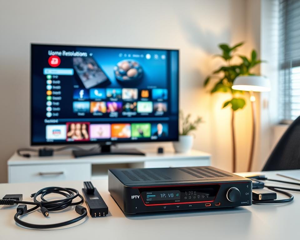 A modern home office setup with a sleek, minimalist aesthetic. In the foreground, a high-end IPTV box sits atop a clean, uncluttered desk, its front panel displaying connection status and settings. Surrounding it, various cables and adapters are neatly organized, suggesting a well-planned configuration. The middle ground features a large, high-resolution monitor displaying a vibrant, user-friendly IPTV interface, highlighting the system's capabilities. In the background, a tasteful bookshelf and potted plant create a professional, calming atmosphere, complementing the technical elements. Subtle, warm lighting from a nearby lamp casts a gentle glow, accentuating the clean lines and modern design.