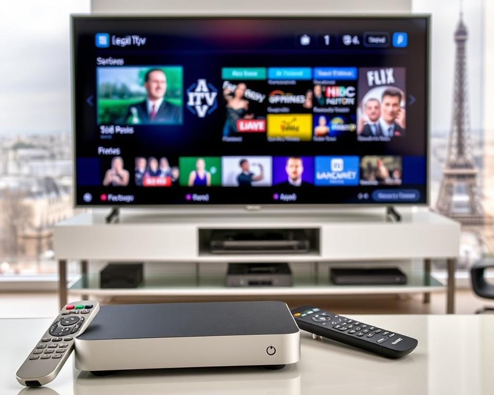 A modern, sleek IPTV setup against a backdrop of a French cityscape. In the foreground, a stylish IPTV box with minimal controls and a minimalist remote control. Behind it, a high-definition television displaying a legal IPTV service interface, showcasing a diverse selection of live TV channels and on-demand content. The middle ground features a neatly organized home entertainment system, with a modern sound system and streaming devices. In the background, the Eiffel Tower and other iconic Parisian landmarks create a sense of place, alluding to the legal and regulatory landscape of IPTV in France. A modern, sleek IPTV setup against a backdrop of a French cityscape. In the foreground, a stylish IPTV box with minimal controls and a minimalist remote control. Behind it, a high-definition television displaying a legal IPTV service interface, showcasing a diverse selection of live TV channels and on-demand content. The middle ground features a neatly organized home entertainment system, with a modern sound system and streaming devices. In the background, the Eiffel Tower and other iconic Parisian landmarks create a sense of place, alluding to the legal and regulatory landscape of IPTV in France.