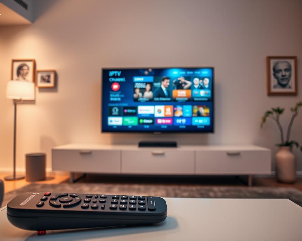 A sleek and modern living room setting, with a large, high-definition television screen prominently displayed. The screen shows a dynamic IPTV interface, featuring a grid of channels, on-demand content, and streaming options. In the foreground, a sophisticated remote control with intuitive touch controls sits on a minimalist coffee table. The room is illuminated by soft, indirect lighting, creating a cozy and inviting atmosphere. The walls are adorned with subtle, abstract art pieces, complementing the modern, high-tech ambiance. The overall scene conveys the seamless integration of traditional television and the innovative IPTV technology, highlighting the benefits of this cutting-edge viewing experience.