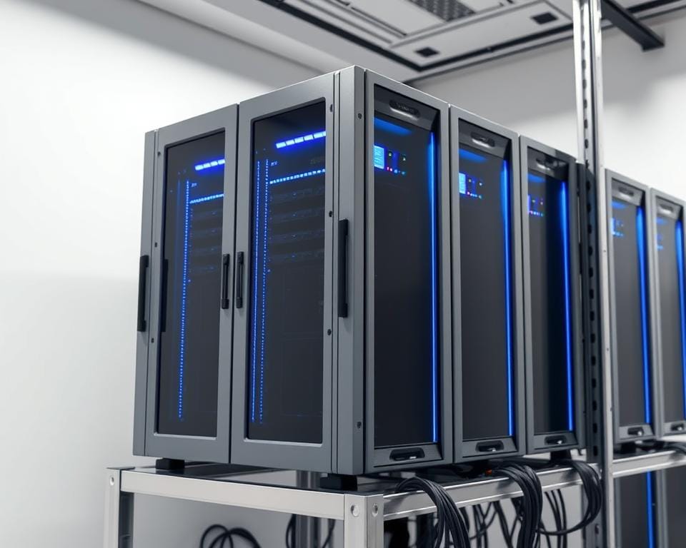 A sleek, modern IPTV server rack standing prominently in a well-lit server room. The server's chassis is a metallic grey, with clean lines and an uncluttered, professional appearance. Soft blue LED lighting emanates from the front panels, casting a cool glow on the surroundings. The server is positioned on a sturdy metal shelf, with cables neatly organized and routed through cable trays. The background features a stark white wall, emphasizing the server's technical prowess. The overall mood is one of efficiency, reliability, and high performance, capturing the essence of a "performant IPTV server" that can deliver a seamless streaming experience.