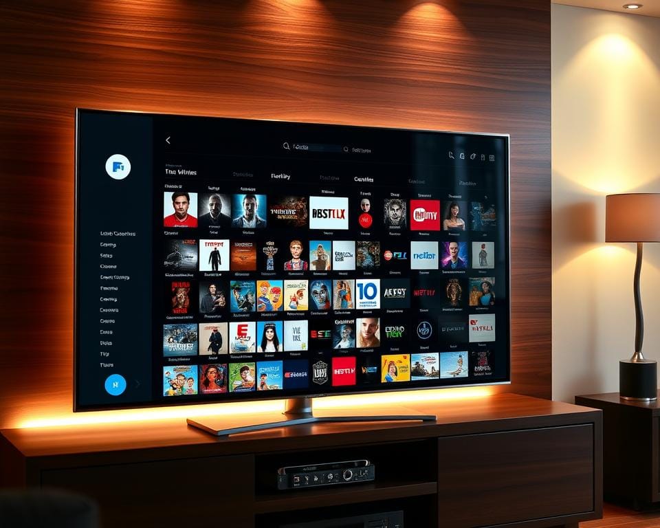 A sleek, modern TV screen displays a vast library of IPTV content, organized into crisp, clean categories. The screen is framed by a luxurious, dark wood entertainment center, casting a warm glow over the scene. Subtle ambient lighting illuminates the contents, drawing the viewer's eye to the impressive selection of movies, shows, and live channels available at the touch of a button. The overall atmosphere conveys a sense of sophistication and effortless access to a world of entertainment, reflecting the exclusive VIP IPTV club experience.