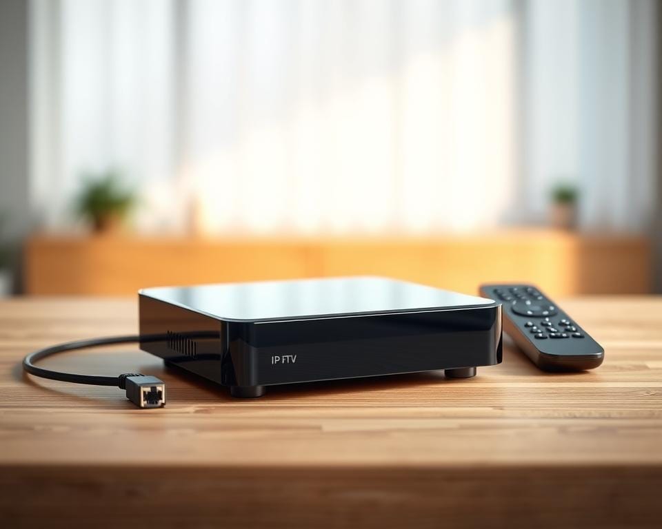 A sleek, modern box IPTV device sits prominently on a minimalist wooden surface, its clean lines and glossy black finish catching the soft, diffused light from a large window. The device is the centerpiece, surrounded by a few essential accessories like a remote control and an Ethernet cable, all arranged in a visually appealing, symmetrical composition. The background is blurred, creating a sense of depth and focus on the IPTV box. The overall mood is one of simplicity, elegance, and the promise of high-quality entertainment and streaming capabilities.