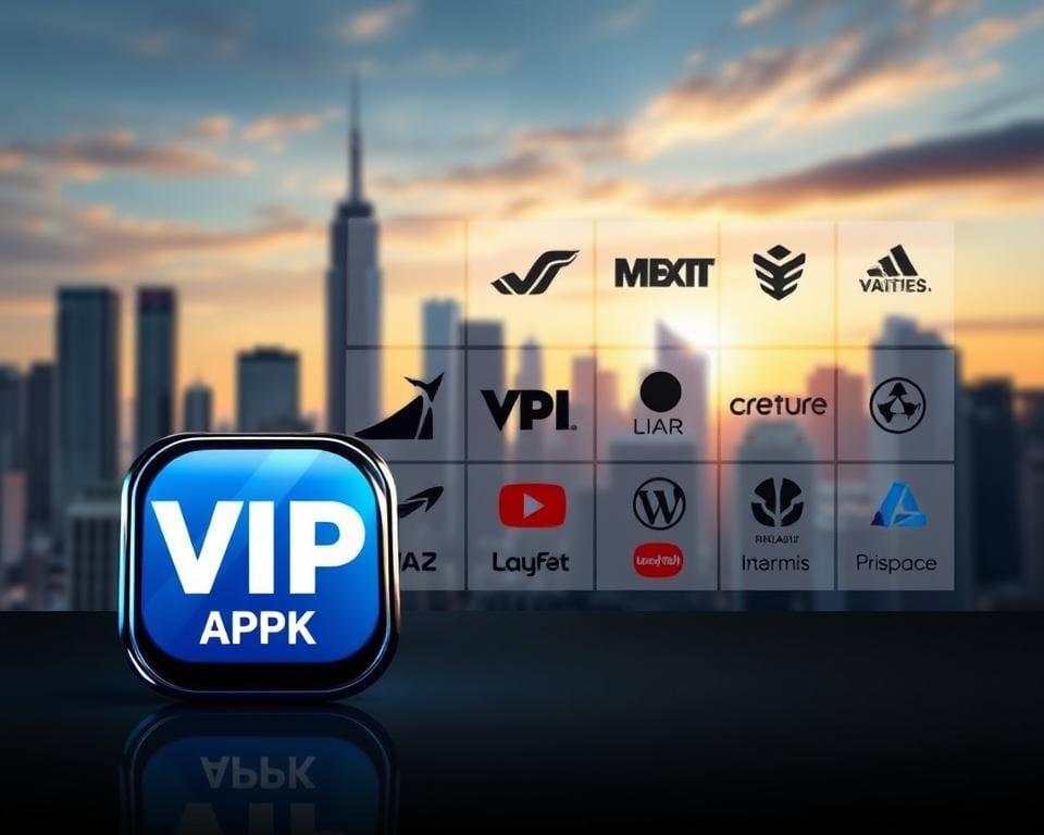 A sleek, modern comparison of VIP IPTV APK against other top streaming services. Prominently displayed in the foreground, the VIP IPTV APK icon stands out with a glossy, high-tech aesthetic. In the middle ground, a grid layout showcases silhouettes of various other IPTV and streaming app logos, allowing for a clear side-by-side visual assessment. The background features a dynamic, blurred cityscape with towering skyscrapers, conveying a sense of urban sophistication. Crisp lighting accentuates the clean, minimalist design, creating an aspirational, premium feel. The overall composition highlights the VIP IPTV APK's position as a top-tier, feature-rich solution among its competitors.
