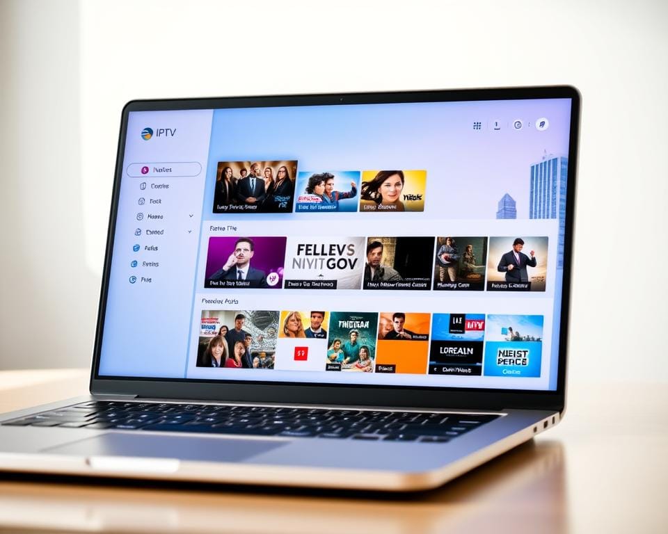 A sleek, modern laptop screen displaying a vibrant IPTV interface. The foreground features a clean, minimalist dashboard with intuitive icons and menus, showcasing the user-friendly design of the IPTV service. The middle ground shows a selection of popular live TV channels and on-demand content, highlighting the breadth of the IPTV offering. The background depicts a subtle, blurred cityscape, conveying the idea of a reliable, affordable IPTV solution accessible from anywhere. The lighting is soft and natural, creating a sense of sophistication and professionalism. The overall composition and color palette evoke a sense of trust, quality, and value for the IPTV code.