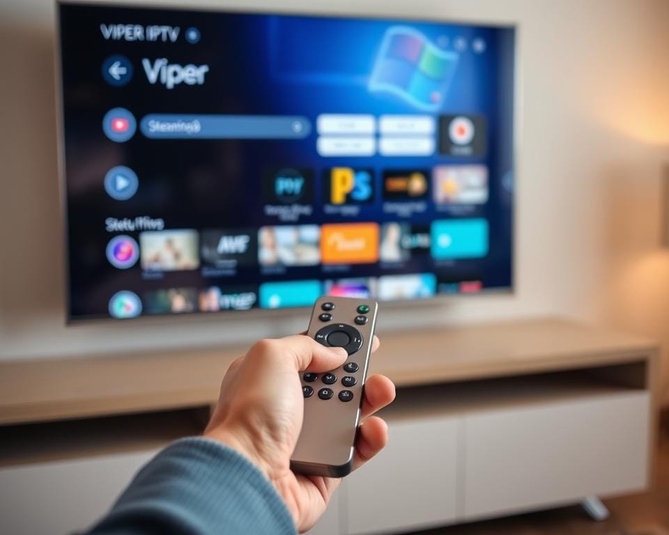 A sleek, modern smart TV display with the Viper IPTV app interface prominently featured. The screen shows a clean, intuitive UI with a variety of content categories and streaming options. In the foreground, a hand holds a minimalist remote control, ready to navigate the Viper IPTV system. The lighting is soft and indirect, creating a warm, inviting atmosphere. The overall scene conveys a sense of effortless connectivity and superior entertainment experience.