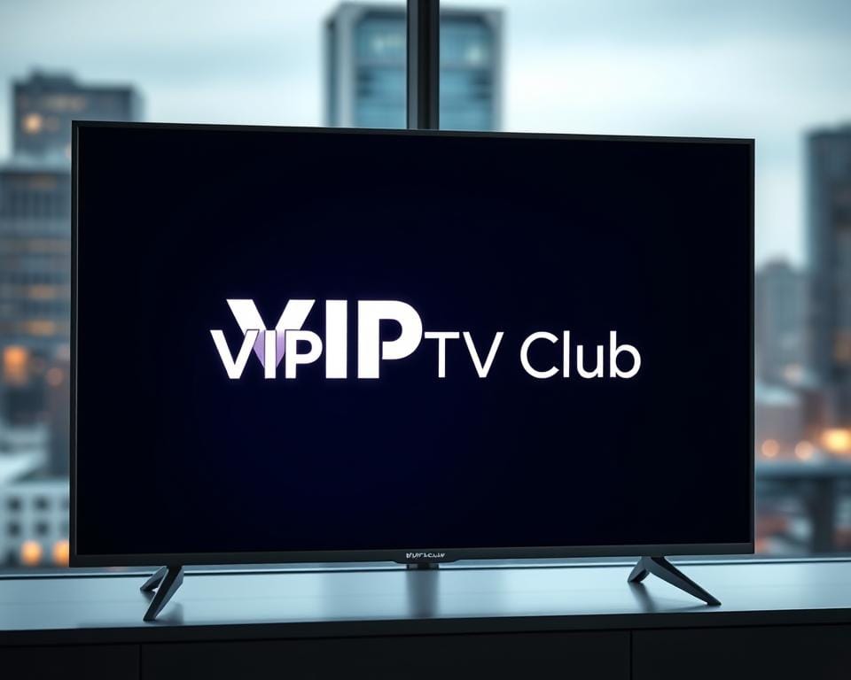 A sleek, modern television screen displaying the words "VIP IPTV Club" in a bold, stylized font. The screen is surrounded by a minimalist, high-tech frame in a metallic or matte black finish. Soft, directional lighting creates a sense of depth and drama, highlighting the premium, exclusive nature of the service. In the background, a blurred cityscape or skyline adds a subtle urban context, conveying the idea of a sophisticated, cutting-edge entertainment experience. The overall composition should feel elegant, futuristic, and visually striking, reflecting the "L'avenir de la télévision avec le VIP IPTV Club" theme.