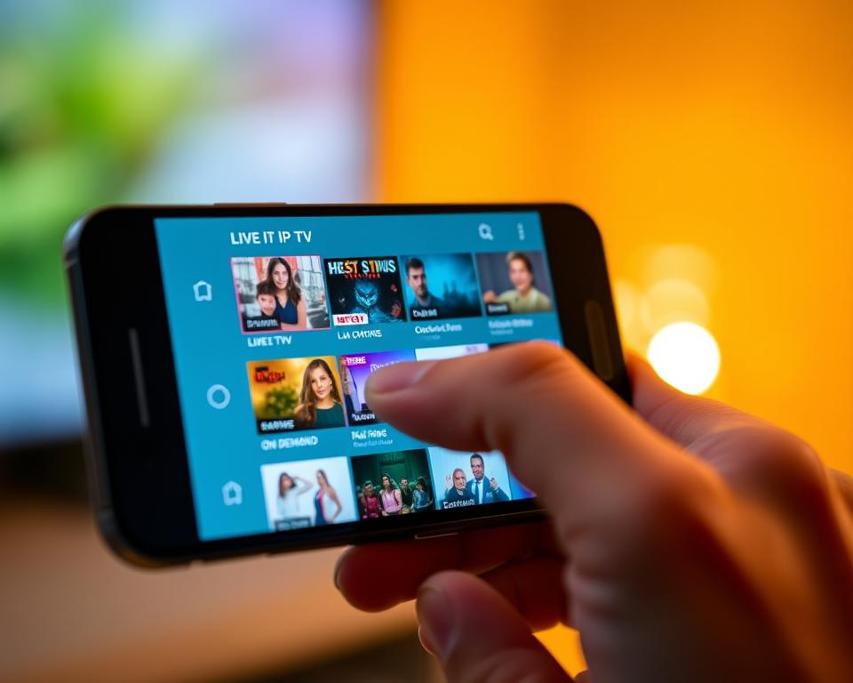 A smartphone screen displays the IPTV user interface, showcasing a clean and intuitive layout with various live TV channels and on-demand content. The screen is backlit with a soft, warm glow, creating a cozy and immersive viewing experience. The user's hand is visible, interacting with the touchscreen, navigating through the IPTV menus with ease. The overall scene conveys a sense of convenience and accessibility, emphasizing the seamless integration of IPTV technology into the modern smartphone ecosystem.