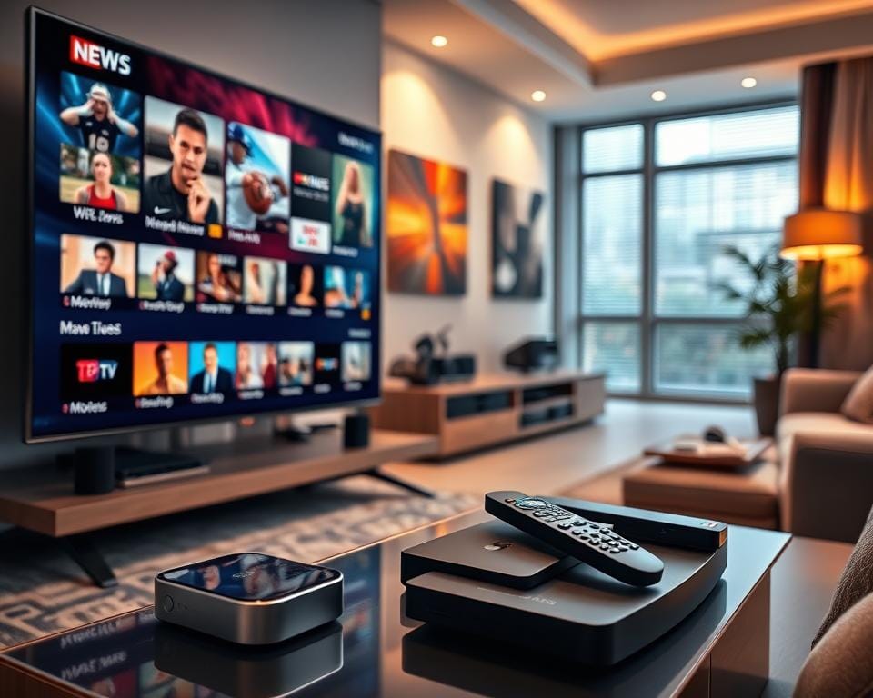 A vibrant, detailed scene showcasing the diverse content available through an IPTV subscription. In the foreground, a large flat-screen TV displays an array of popular entertainment options - live news, sports, movies, and TV shows. The middle ground features a sleek, modern media center with various streaming devices and remote controls, symbolizing the seamless integration of IPTV technology. The background depicts a cozy, well-appointed living room, with plush furniture and warm lighting, creating an inviting atmosphere for enjoying the IPTV experience. The overall scene conveys a sense of accessibility, choice, and the comforts of home entertainment.