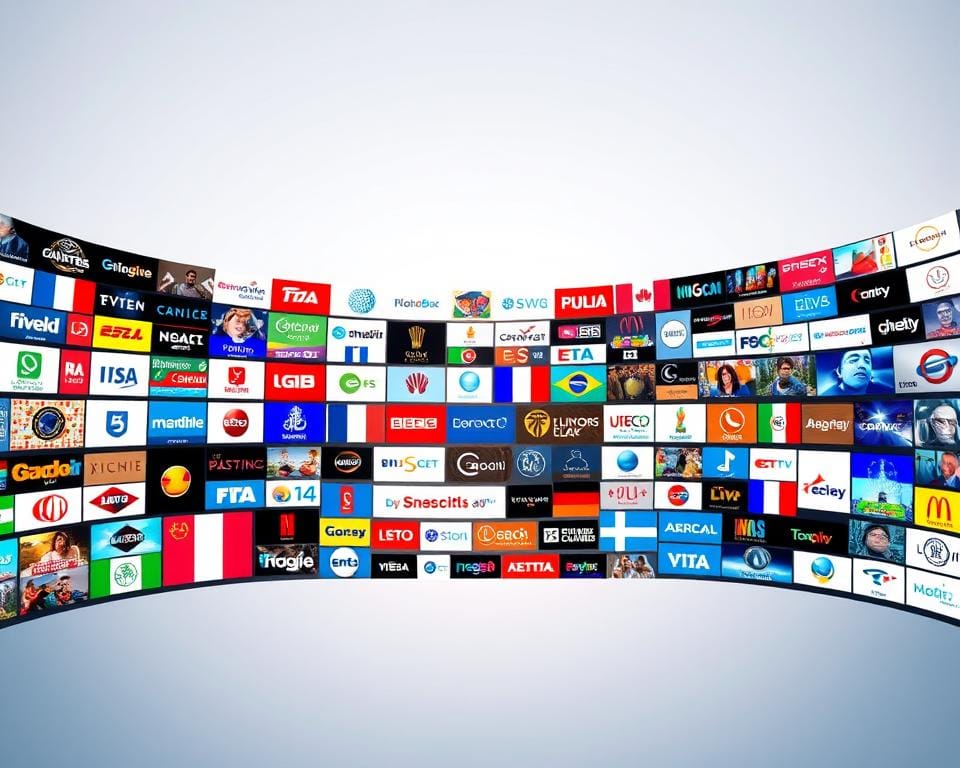 A vibrant panorama of French and international television channels, captured with a wide-angle lens against a crisp, minimalist backdrop. In the foreground, a collage of iconic channel logos and brand identities float effortlessly, each emanating a distinct visual personality. The middle ground showcases a diverse array of programming genres, from captivating news broadcasts to immersive documentaries and popular entertainment. In the background, a sleek, futuristic user interface suggests the seamless integration of these channels into a cutting-edge IPTV experience. The overall scene exudes a sense of global connectivity, technological innovation, and the richness of international television content.