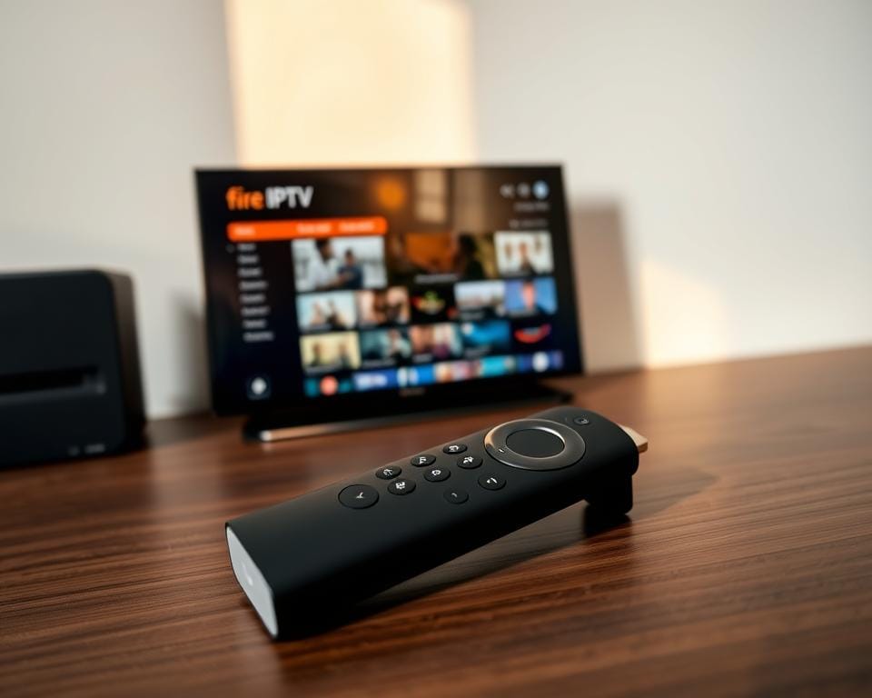 A well-lit, high-resolution close-up photograph of an Amazon Fire Stick device displaying a modern IPTV user interface on its screen. The Fire Stick is placed on a minimalist wooden desk, with a clean, neutral background. The interface shows a grid of live TV channels, movie thumbnails, and other IPTV content options. The composition emphasizes the intuitive and user-friendly nature of running IPTV on the Fire Stick platform. Warm, natural lighting from the side casts subtle shadows, creating depth and dimension. The overall mood is professional, informative, and inviting, reflecting the practical nature of the IPTV setup guide.