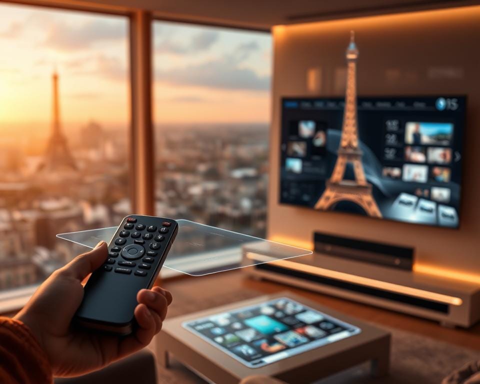 An IPTV VIP service in France, showcasing a futuristic, cutting-edge interface. In the foreground, a sleek, high-end remote control hovers over a state-of-the-art, holographic display panel, showcasing a diverse array of premium content. The middle ground features a modern, minimalist entertainment system, surrounded by subtle lighting accents. In the background, a panoramic cityscape of Paris, with the Eiffel Tower visible, conveys a sense of urban sophistication. The scene is bathed in a warm, futuristic glow, evoking a vision of the next generation of IPTV technology in France. An IPTV VIP service in France, showcasing a futuristic, cutting-edge interface. In the foreground, a sleek, high-end remote control hovers over a state-of-the-art, holographic display panel, showcasing a diverse array of premium content. The middle ground features a modern, minimalist entertainment system, surrounded by subtle lighting accents. In the background, a panoramic cityscape of Paris, with the Eiffel Tower visible, conveys a sense of urban sophistication. The scene is bathed in a warm, futuristic glow, evoking a vision of the next generation of IPTV technology in France.
